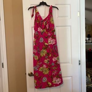 Bright pink tropical floral midcalf dress.